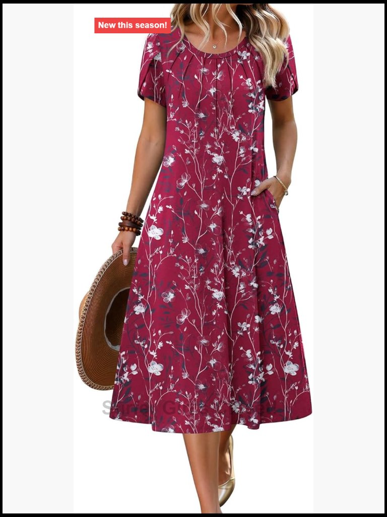 Petal Short Sleeve Midi A-Line Pleated Flowy Boho Sundress